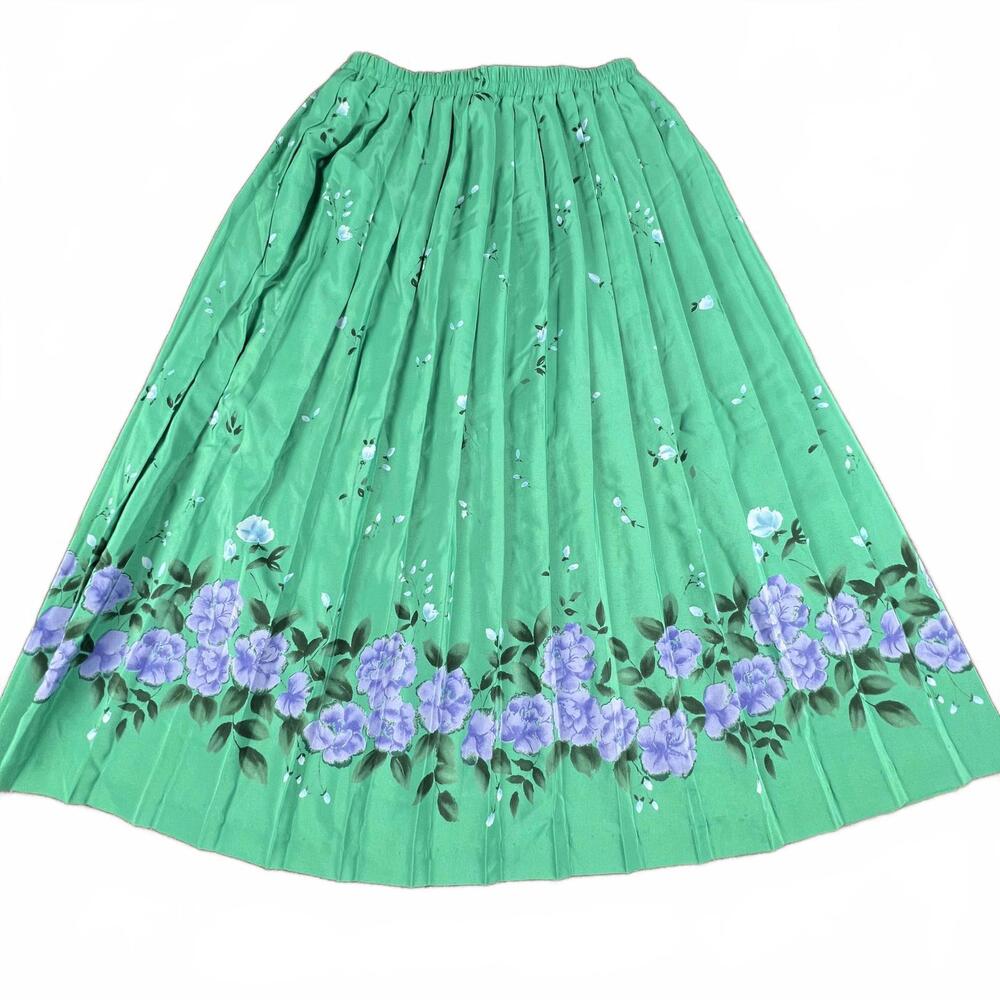Vintage Leslie Fay Pleated Floral Skirt – Green w/ Purple Roses – Size 10